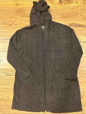 Barefoot Dreams CozyChic Lite Brown Open Front Hooded Waterfall Cardigan, Small